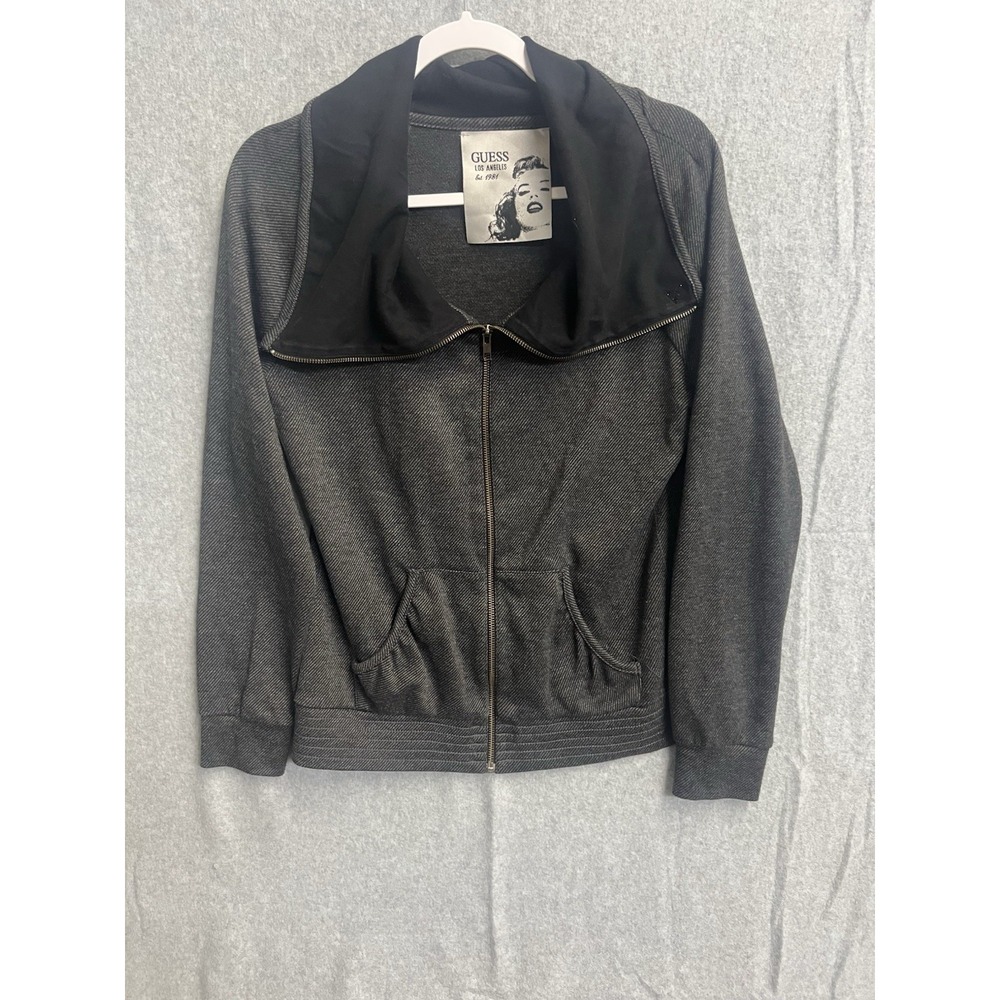Guess Los Angeles Womens Gray Black Zip Up Sweatshirt Oversize Collar Rhinestone
